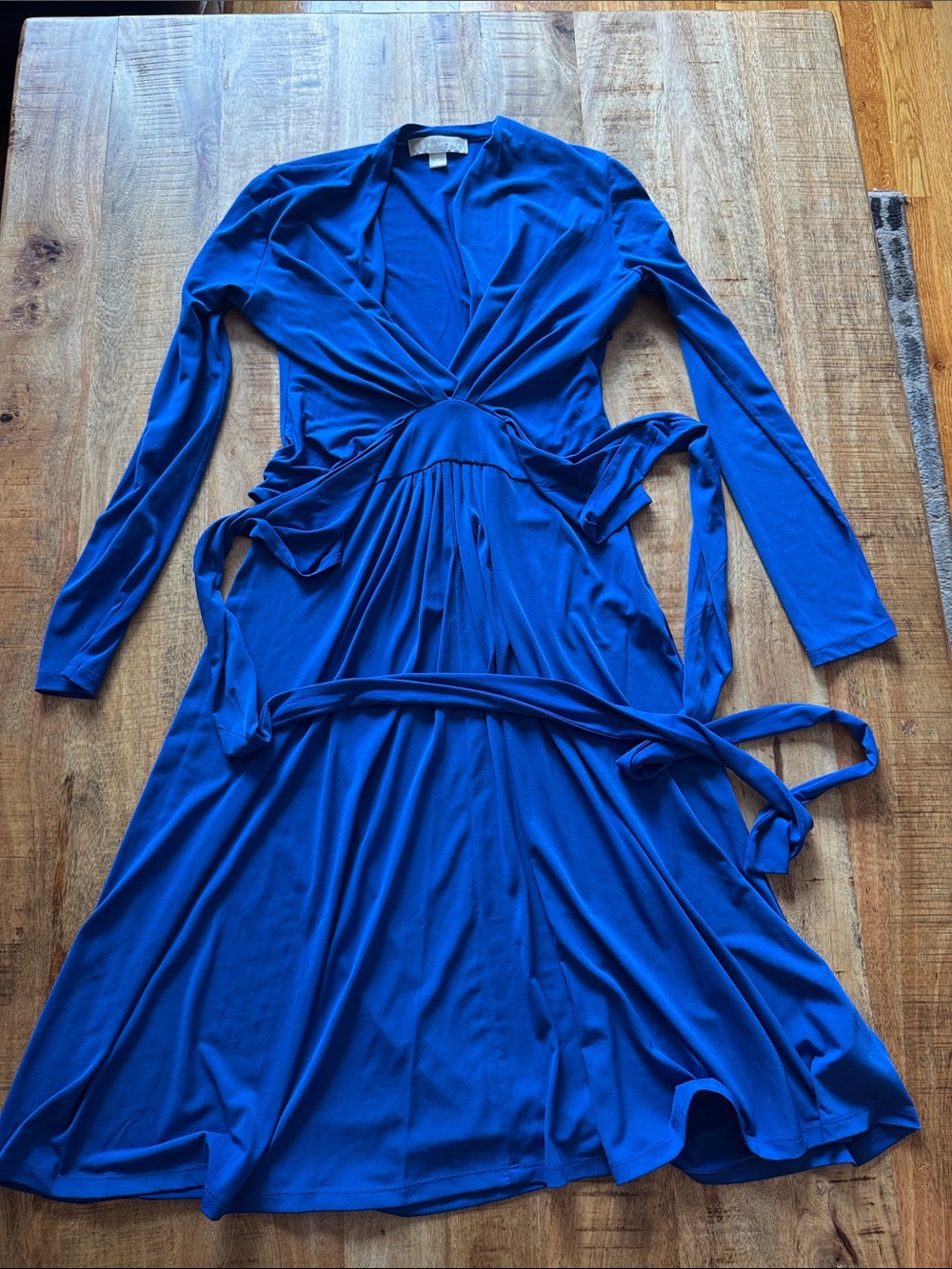 Michael Kors Cobalt blue Long-Sleeve V neck jersey Dress with Tie Waist SMALL